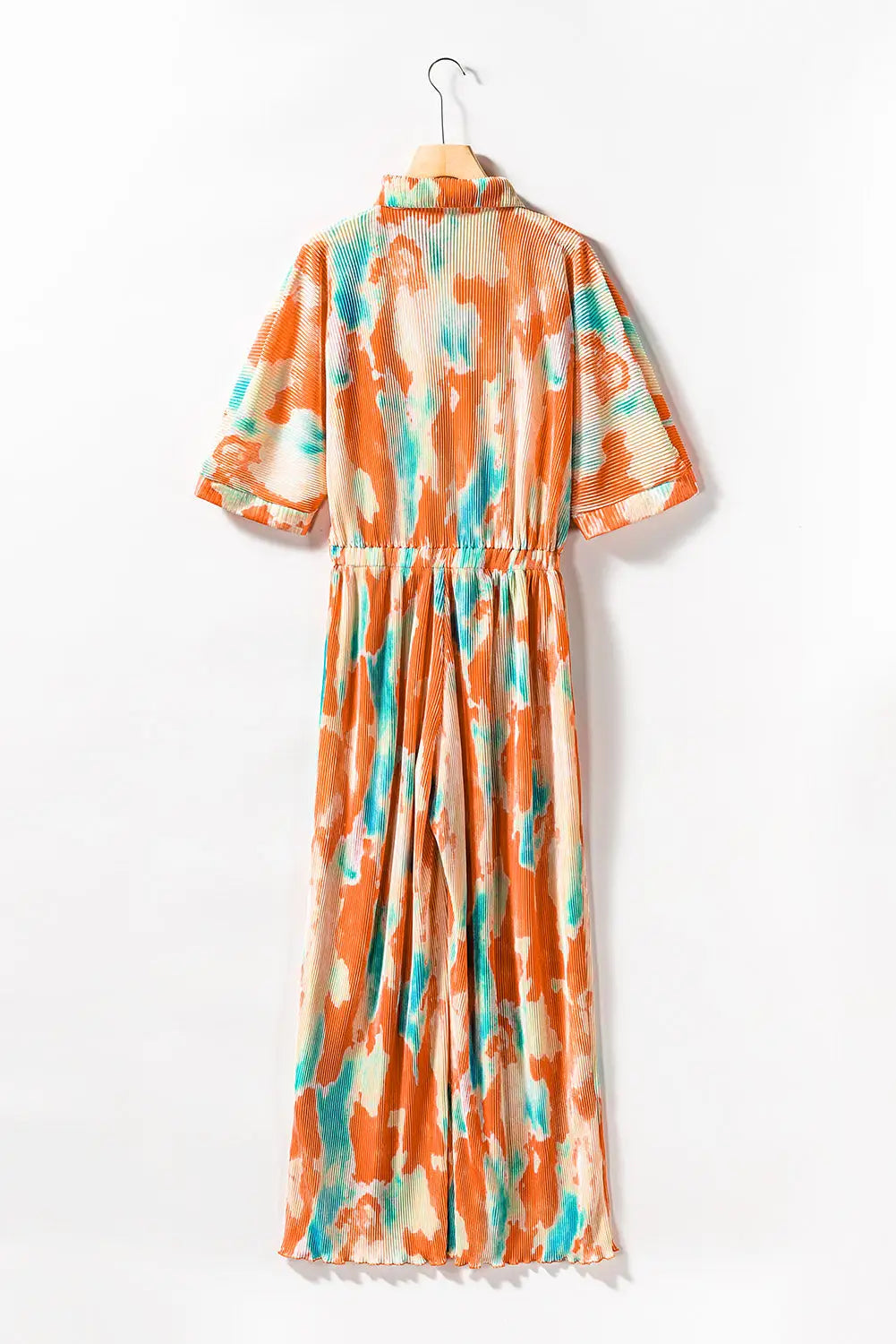 Multicolor Bohemian Tie Dye Pleated Shirt Collar Loose Jumpsuit-14