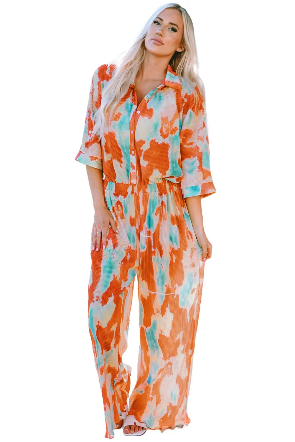 Multicolor Bohemian Tie Dye Pleated Shirt Collar Loose Jumpsuit-6