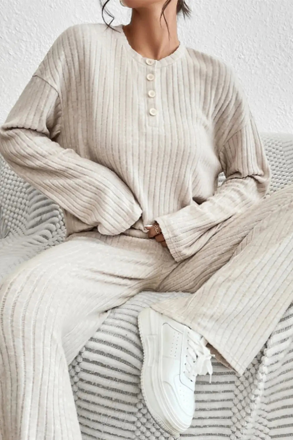 Parchment Plus Size Ribbed V Neck Pullover and Pants Set-78