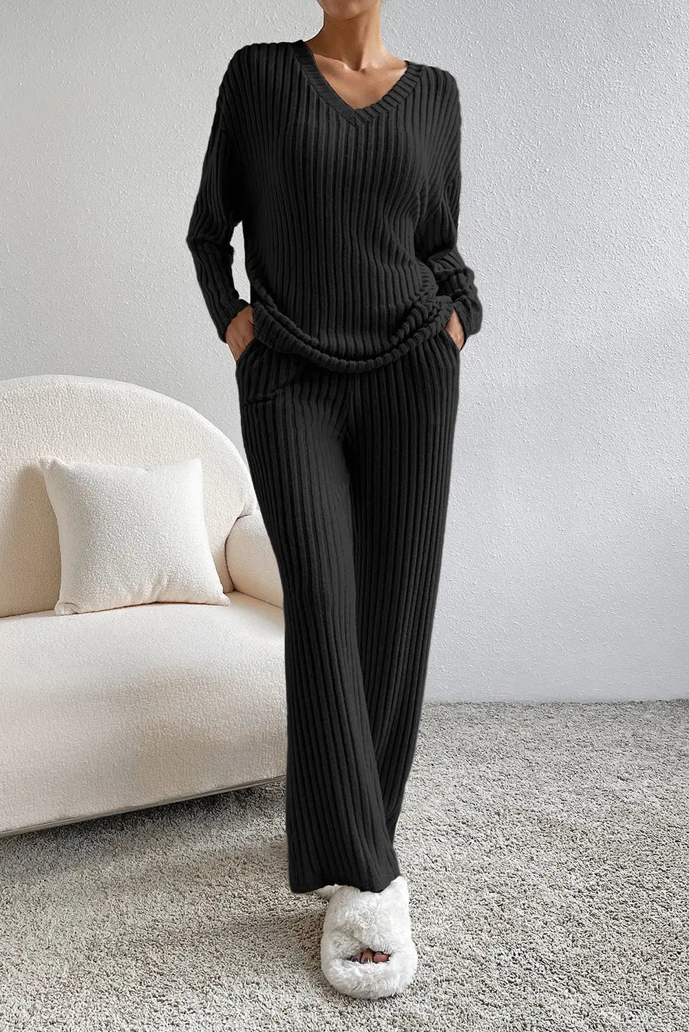 Parchment Plus Size Ribbed V Neck Pullover and Pants Set-73