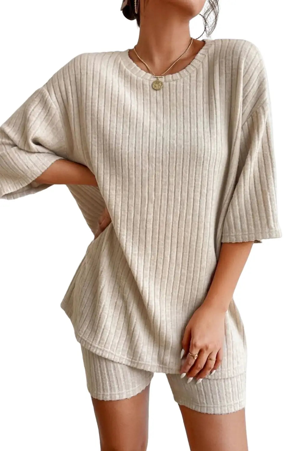 Parchment Plus Size Ribbed V Neck Pullover and Pants Set-6