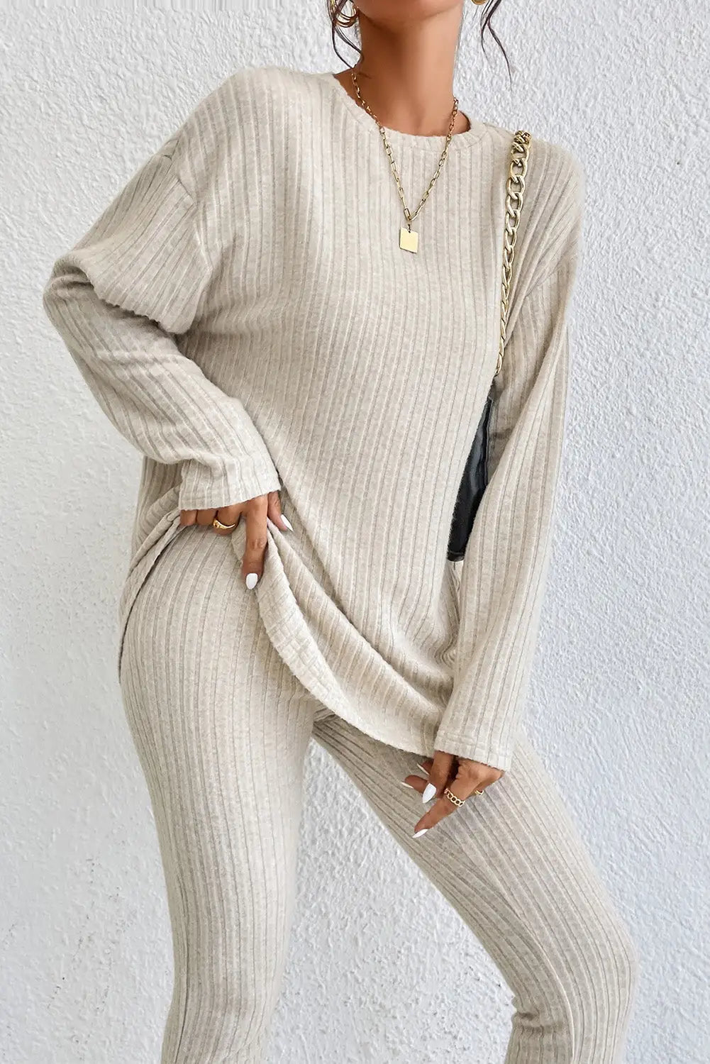 Parchment Plus Size Ribbed V Neck Pullover and Pants Set-48