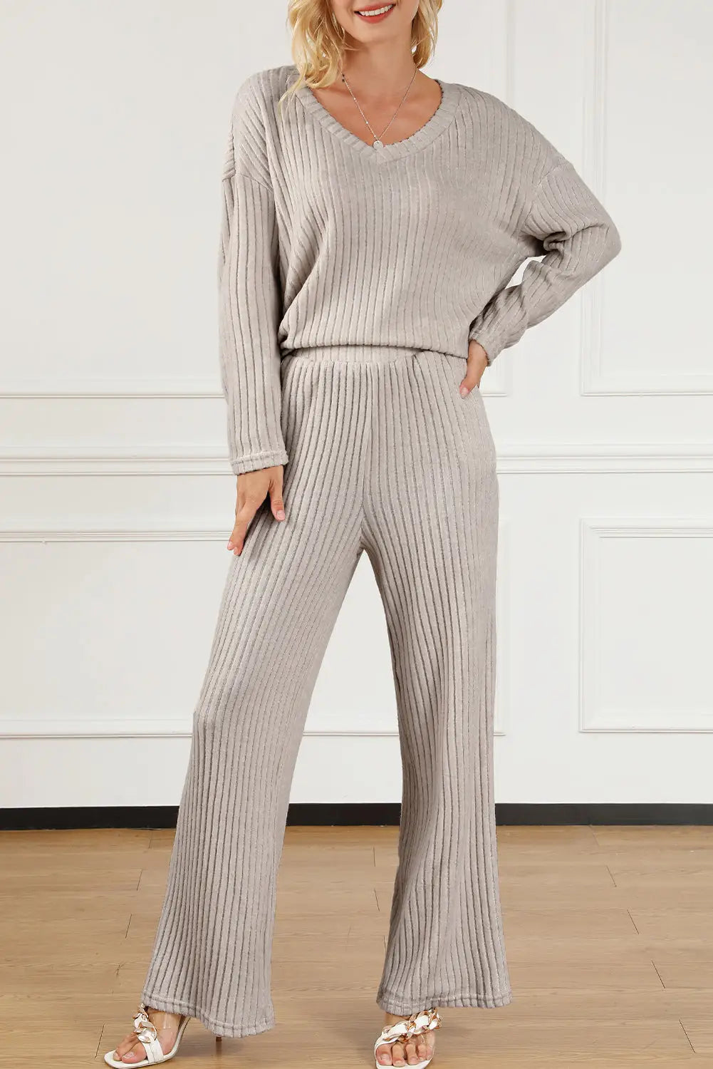 Parchment Plus Size Ribbed V Neck Pullover and Pants Set-23