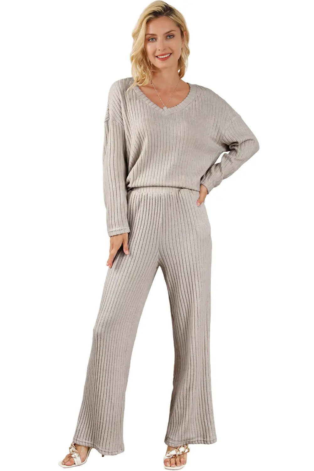 Parchment Plus Size Ribbed V Neck Pullover and Pants Set-29