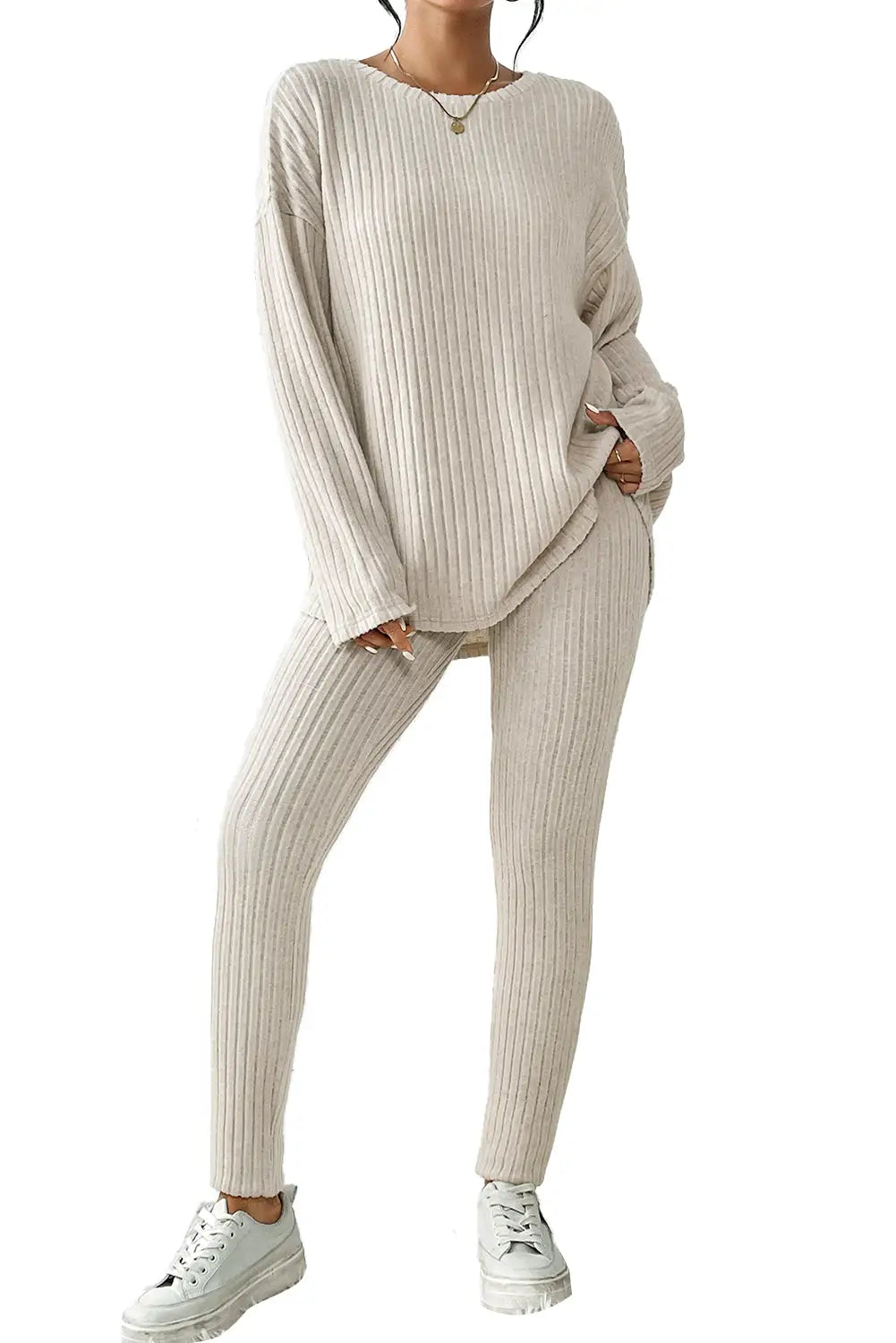 Parchment Plus Size Ribbed V Neck Pullover and Pants Set-52