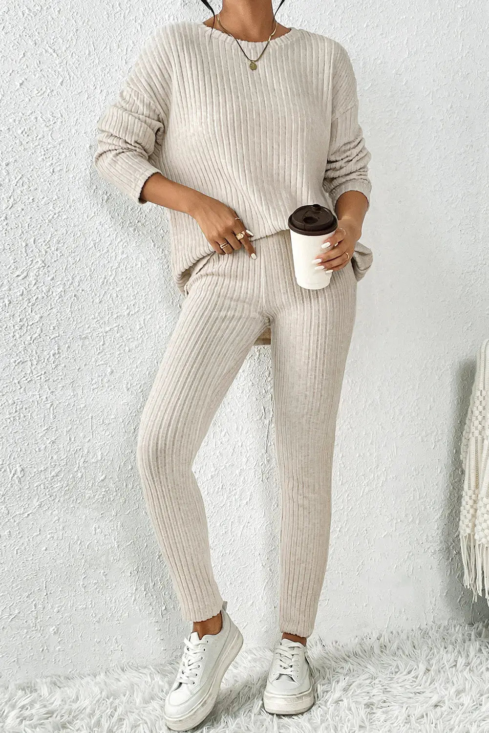 Parchment Plus Size Ribbed V Neck Pullover and Pants Set-43