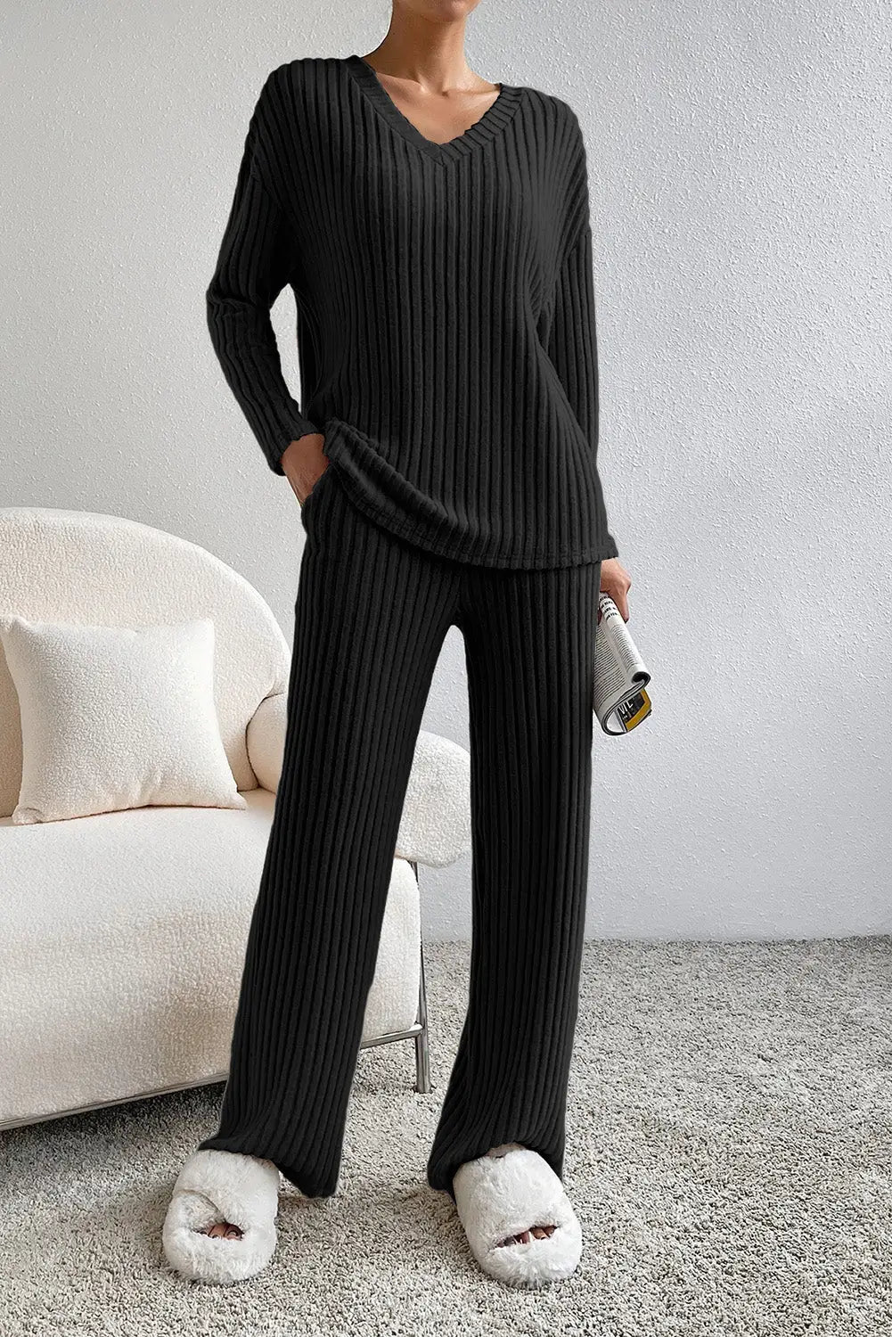 Parchment Plus Size Ribbed V Neck Pullover and Pants Set-74