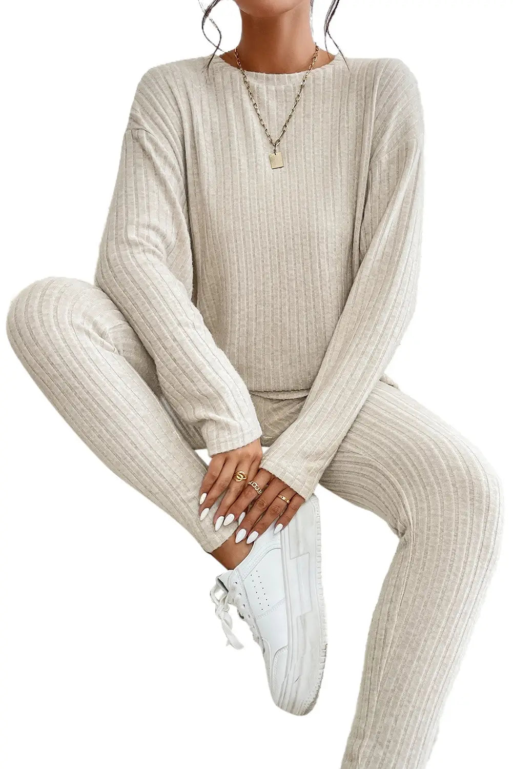 Parchment Plus Size Ribbed V Neck Pullover and Pants Set-53