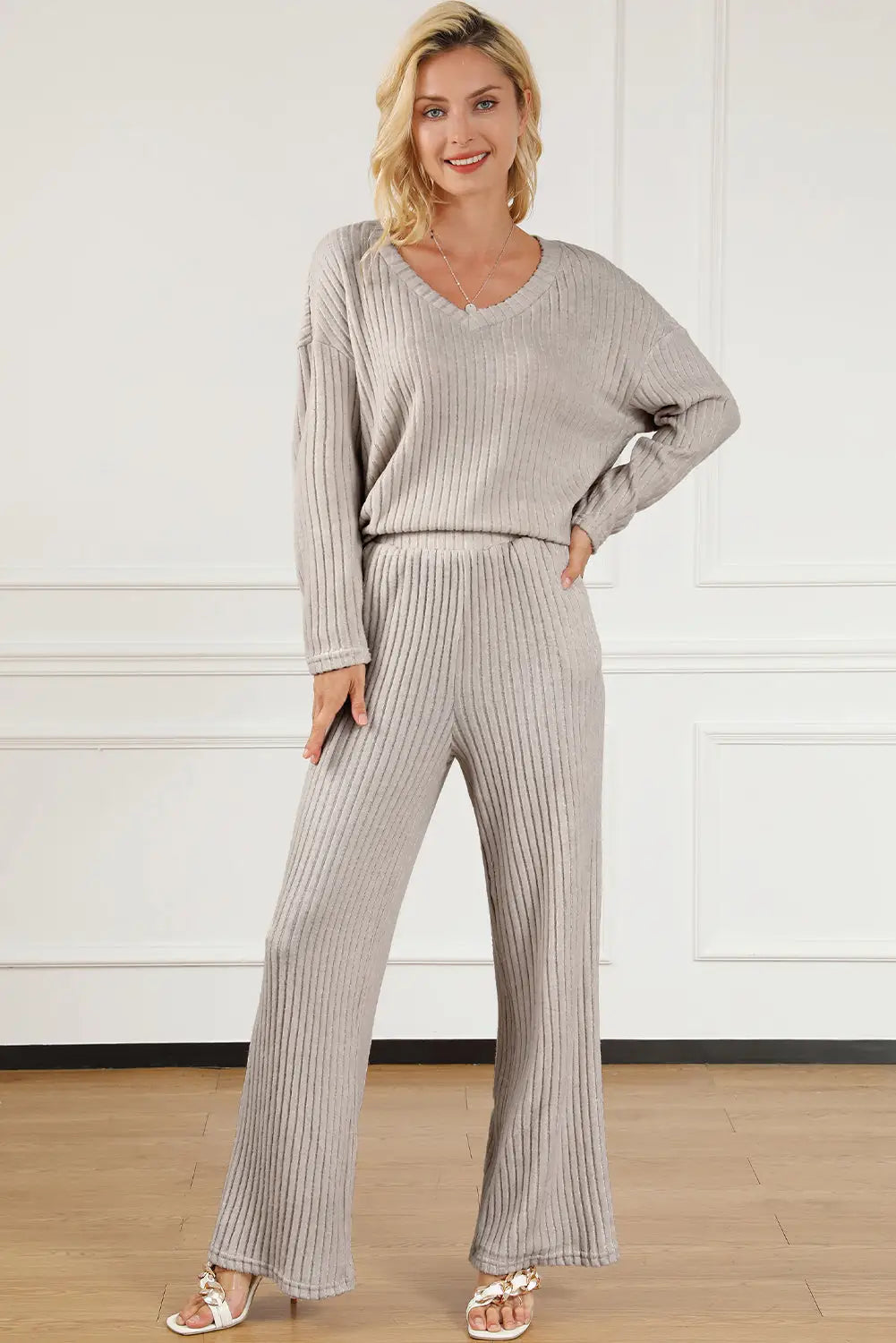 Parchment Plus Size Ribbed V Neck Pullover and Pants Set-26