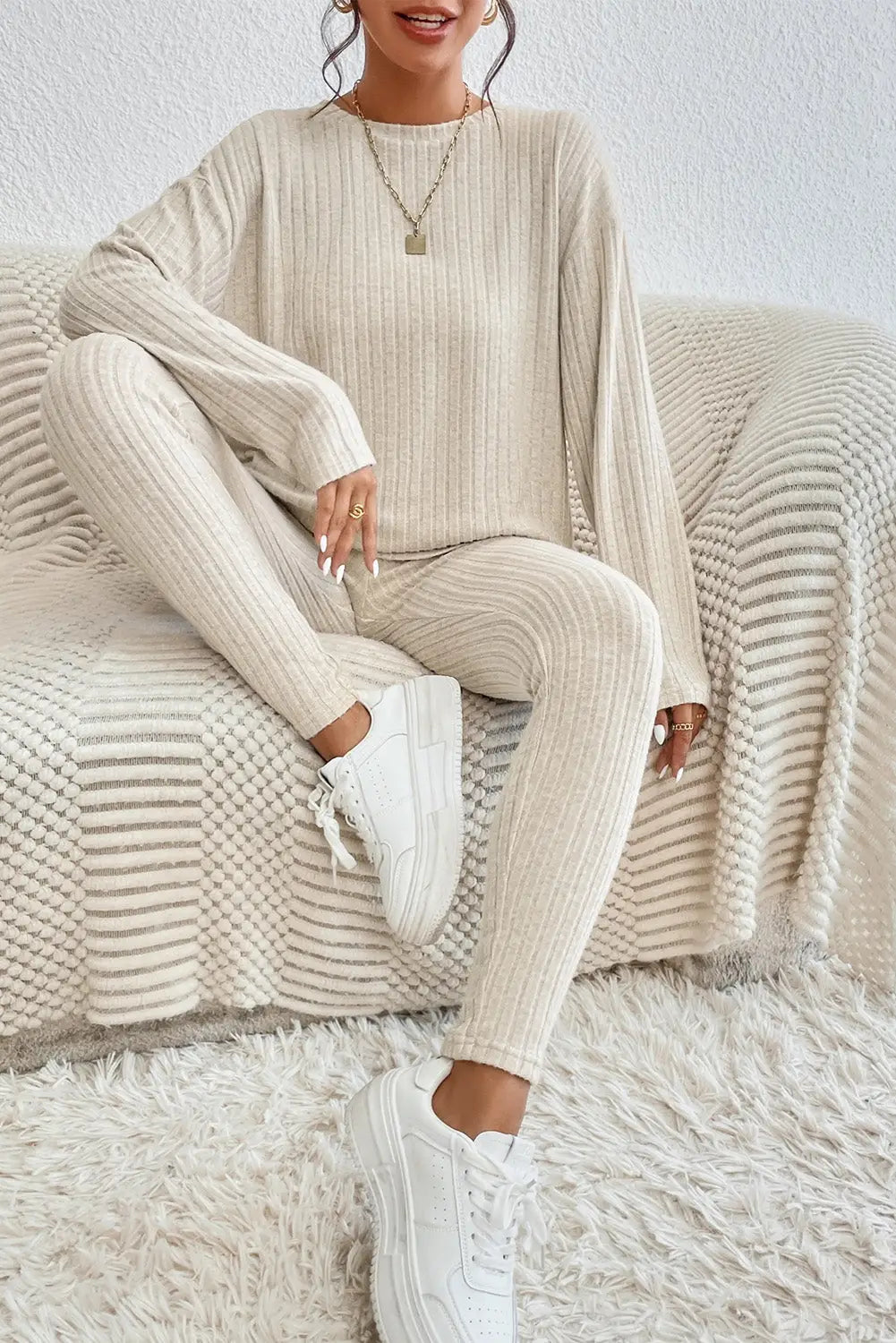 Parchment Plus Size Ribbed V Neck Pullover and Pants Set-49