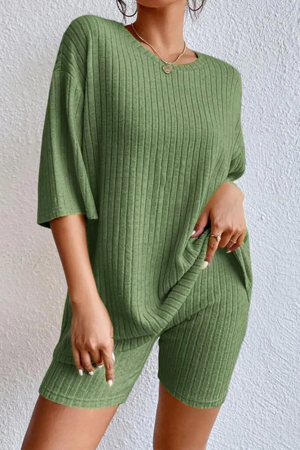 Parchment Plus Size Ribbed V Neck Pullover and Pants Set-14