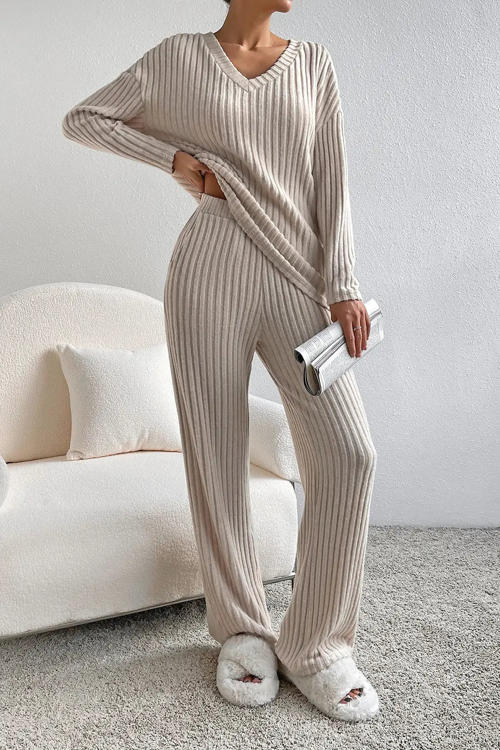 Parchment Plus Size Ribbed V Neck Pullover and Pants Set-17