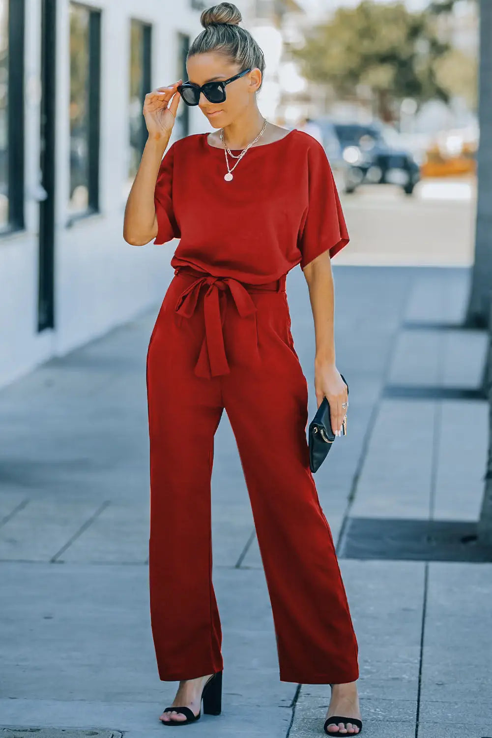 Red Belted Wide Leg Jumpsuit-2