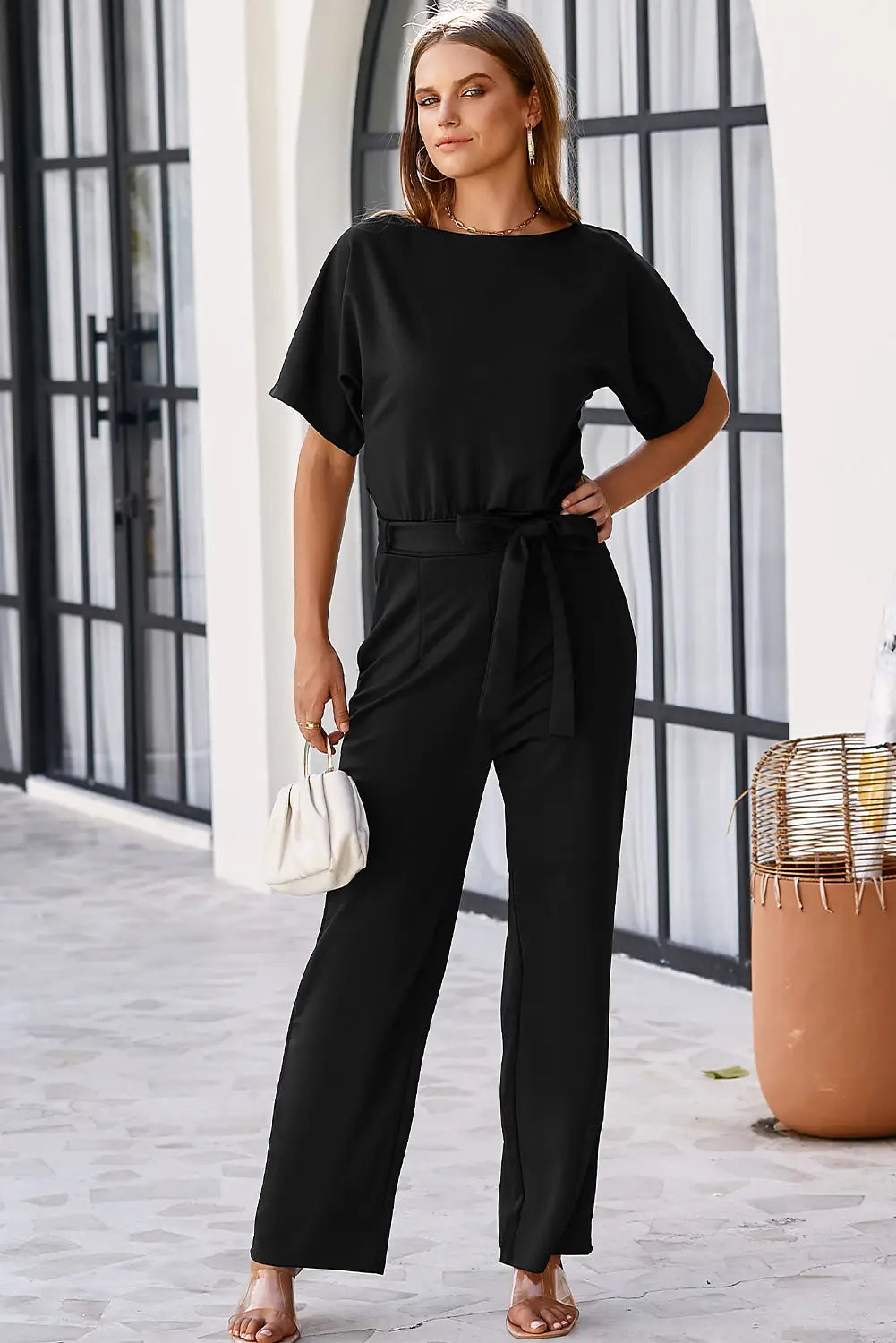 Red Belted Wide Leg Jumpsuit-25