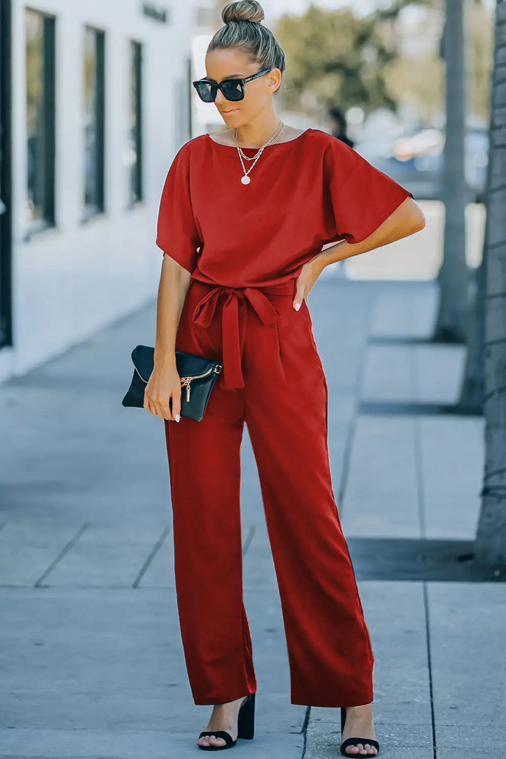 Red Belted Wide Leg Jumpsuit-5