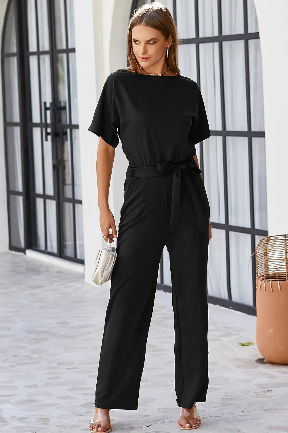 Red Belted Wide Leg Jumpsuit-22