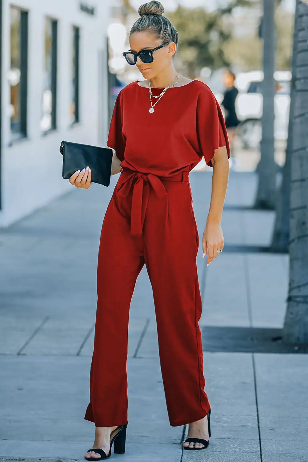 Red Belted Wide Leg Jumpsuit-7