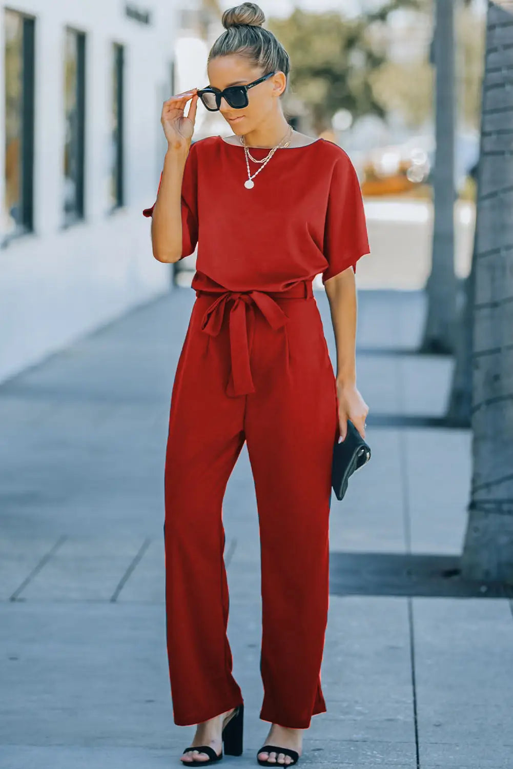 Red Belted Wide Leg Jumpsuit-4