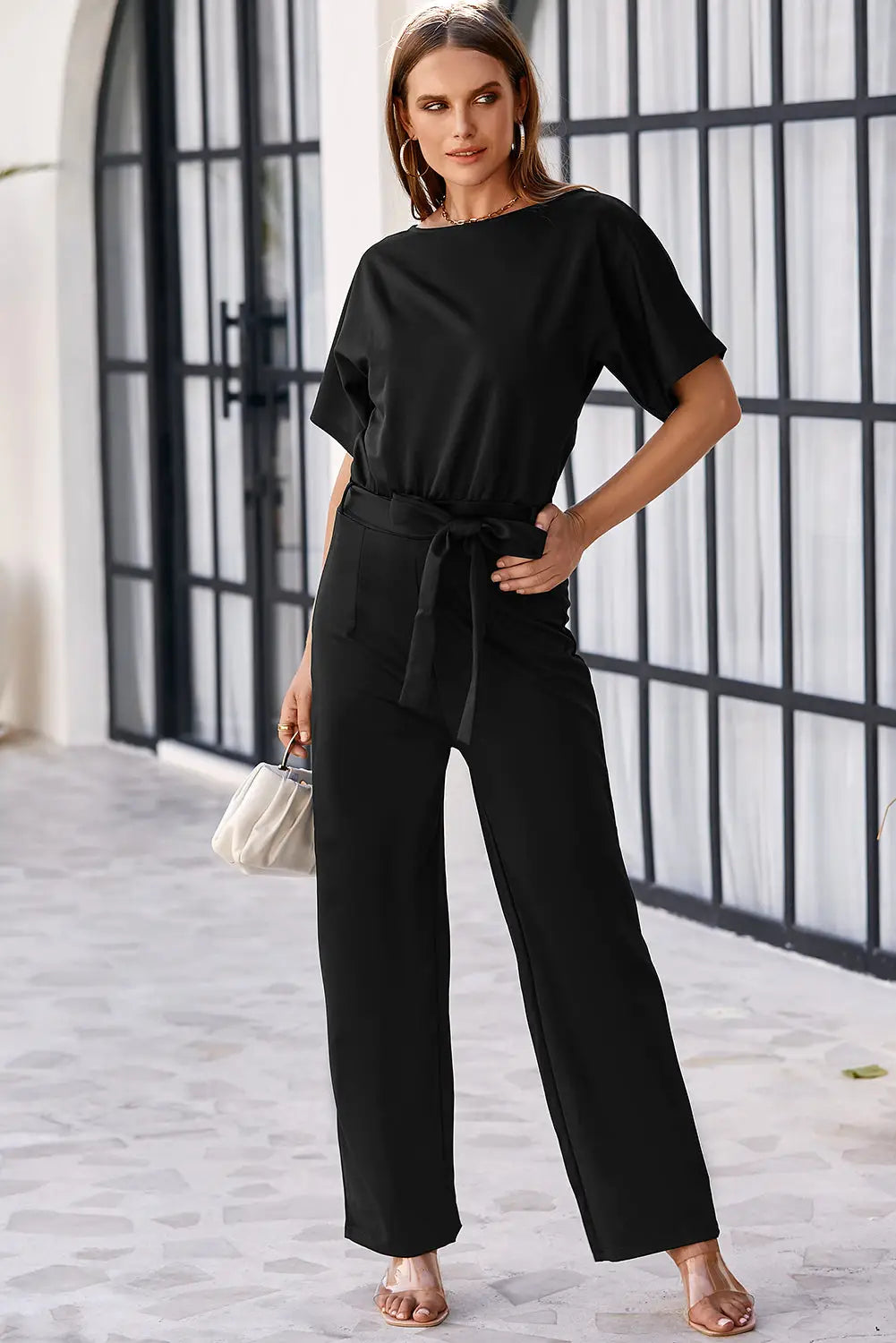 Red Belted Wide Leg Jumpsuit-23