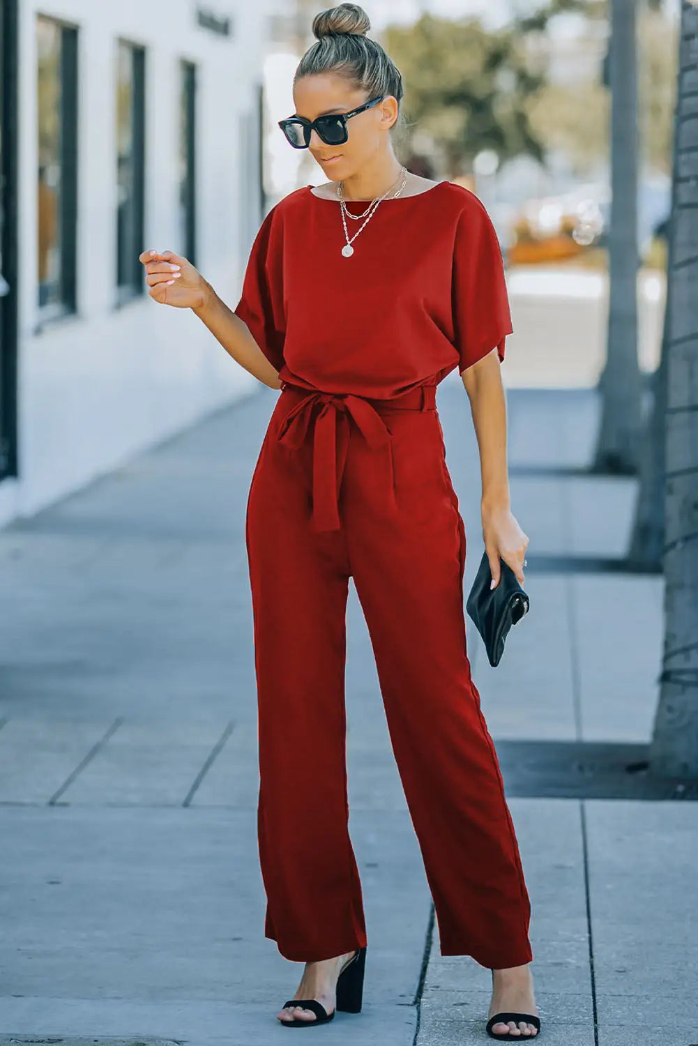 Red Belted Wide Leg Jumpsuit-3