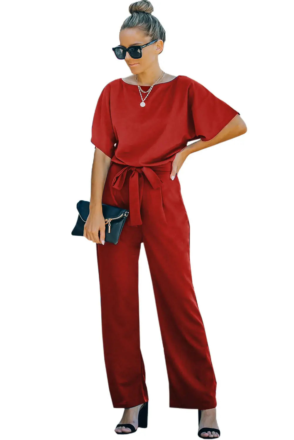 Red Belted Wide Leg Jumpsuit-8