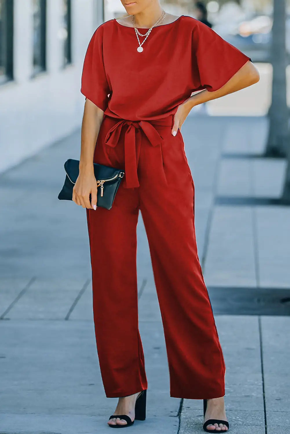 Red Belted Wide Leg Jumpsuit-0