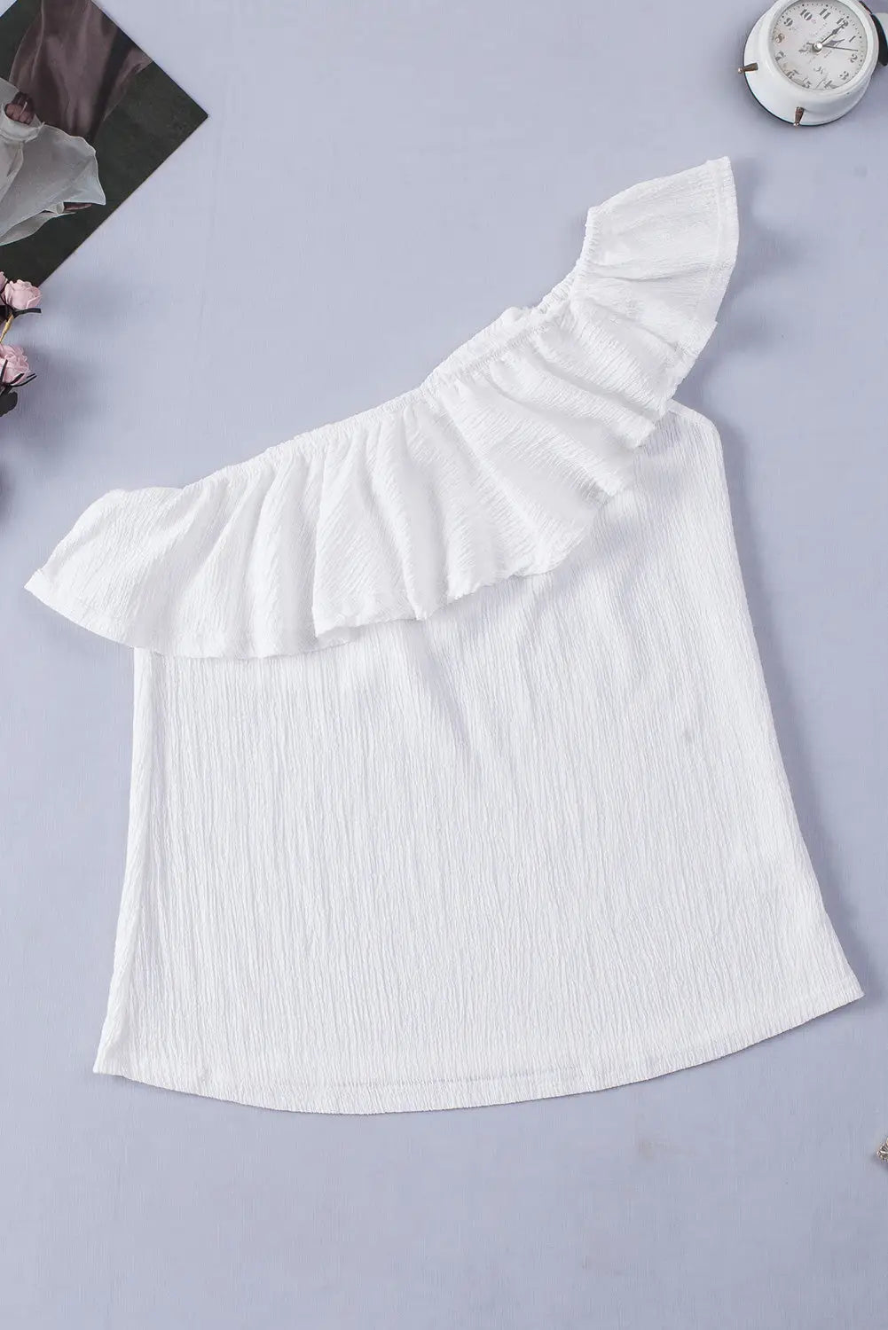 White Ruffle One Shoulder Crinkle Tank-8