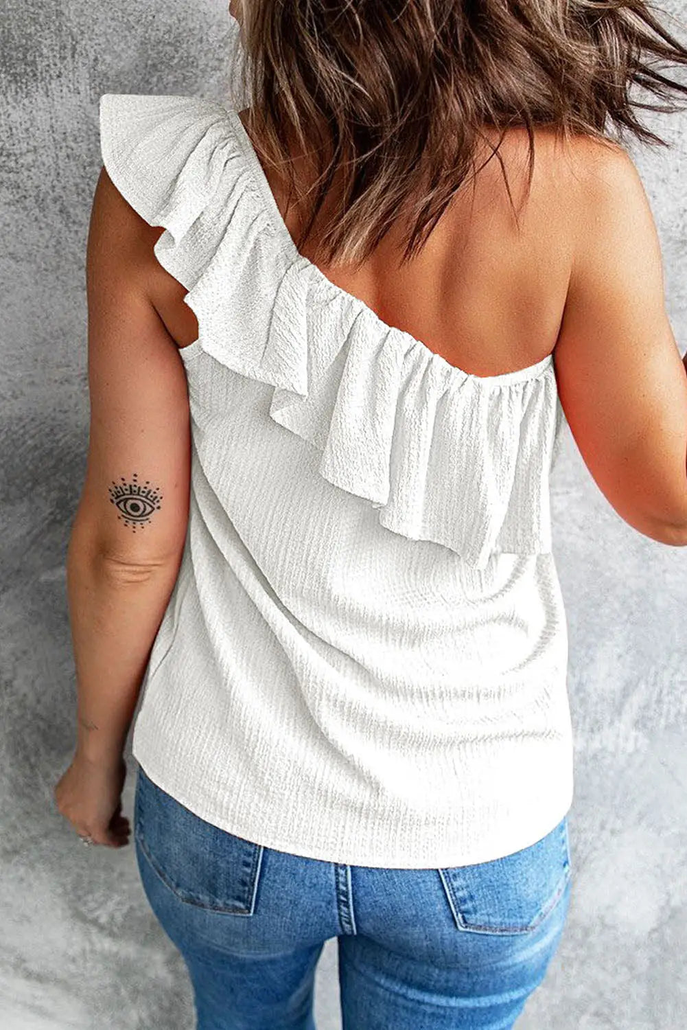 White Ruffle One Shoulder Crinkle Tank-7