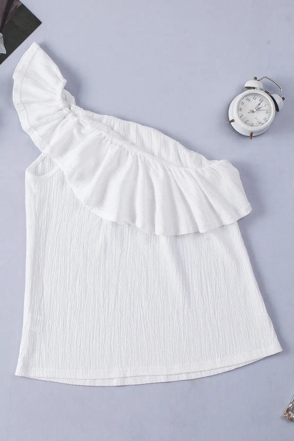 White Ruffle One Shoulder Crinkle Tank-9