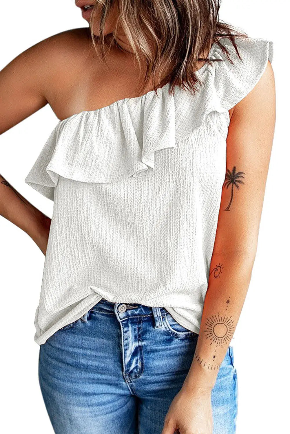 White Ruffle One Shoulder Crinkle Tank-17