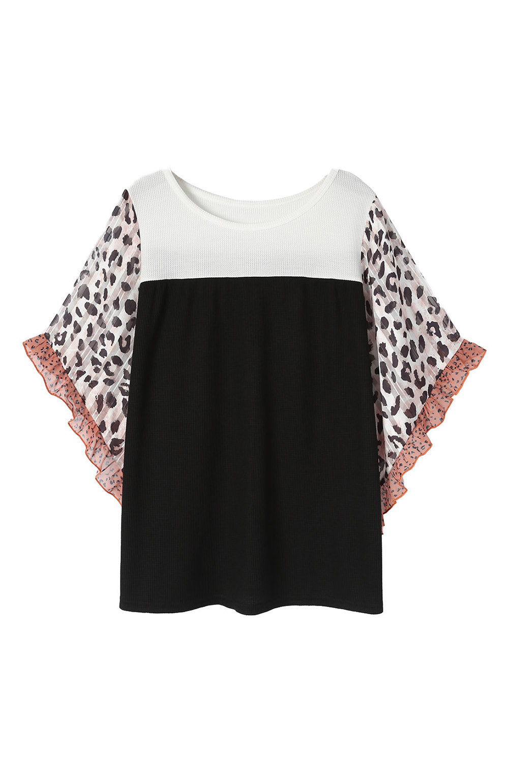 Black Waffle Knit Animal Print Ruffle Sleeves Plus Size Top-13