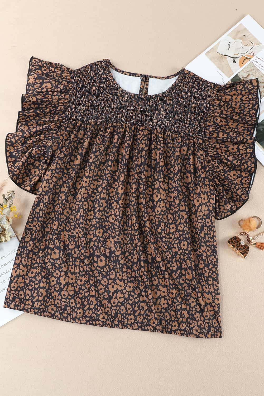 Black Plus Size Smocked Floral Blouse-8