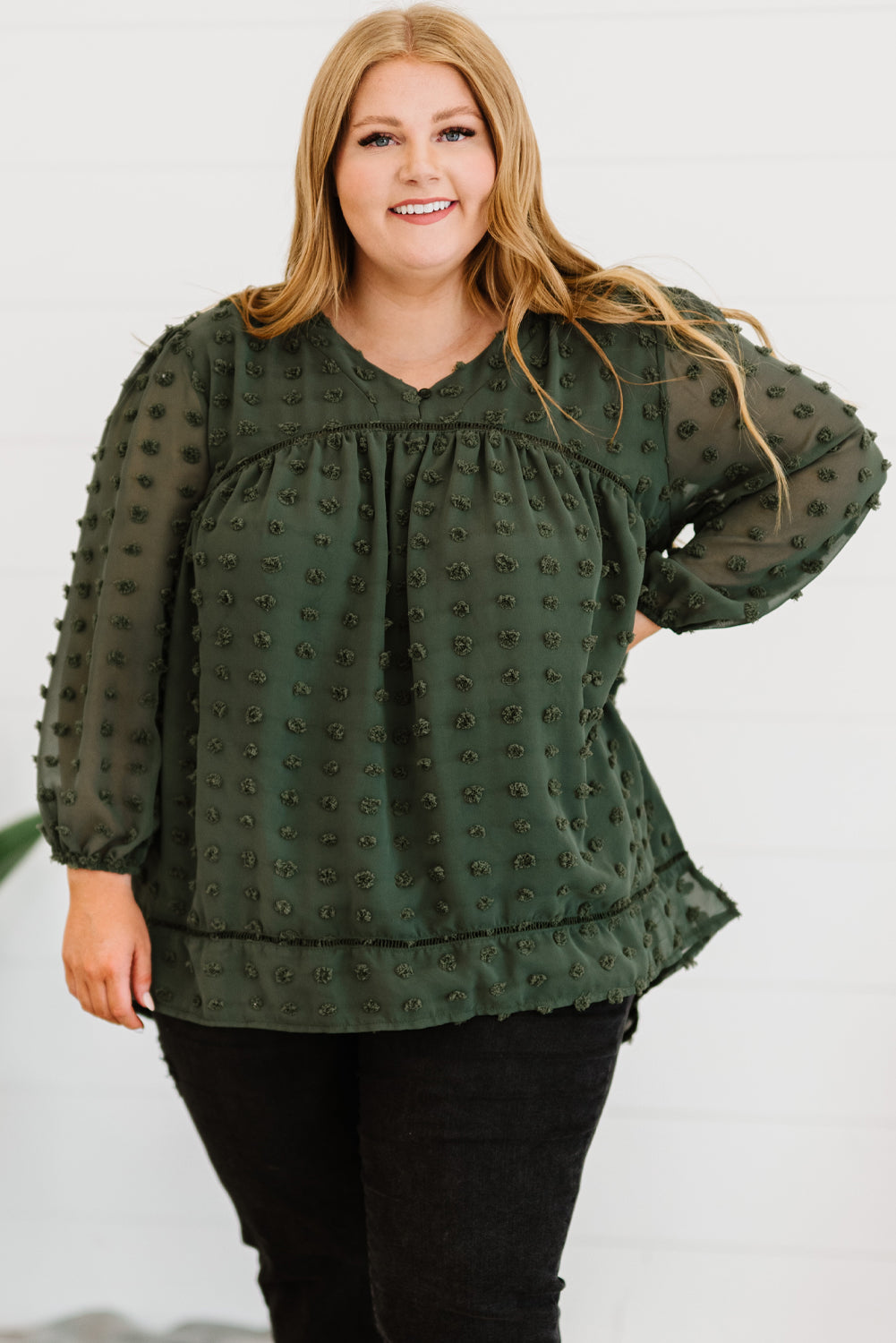 Green Boho V Neck Swiss Dot Bishop Sleeve Plus Size Blouse-4