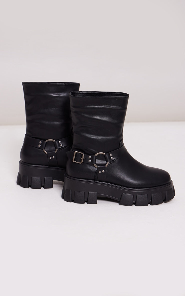 Black Buckle Strap Detail Chunky Cleated Sole Ankle Boots