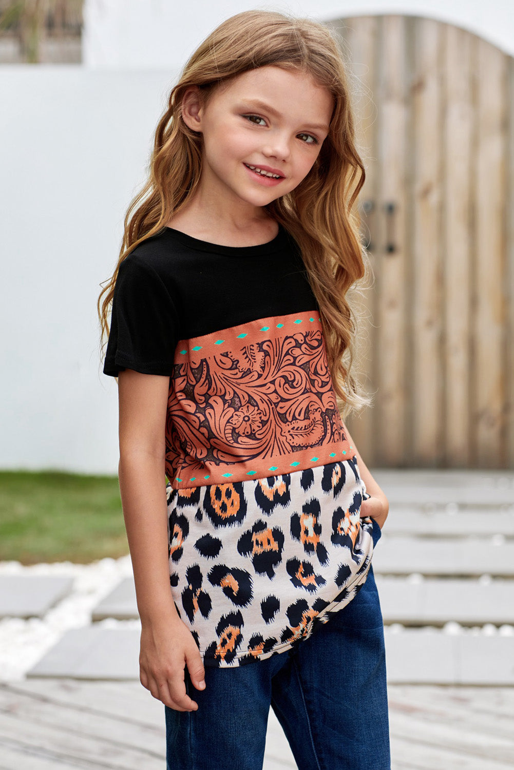 Brown Print Leopard Colorblock Girls' T-shirt-3