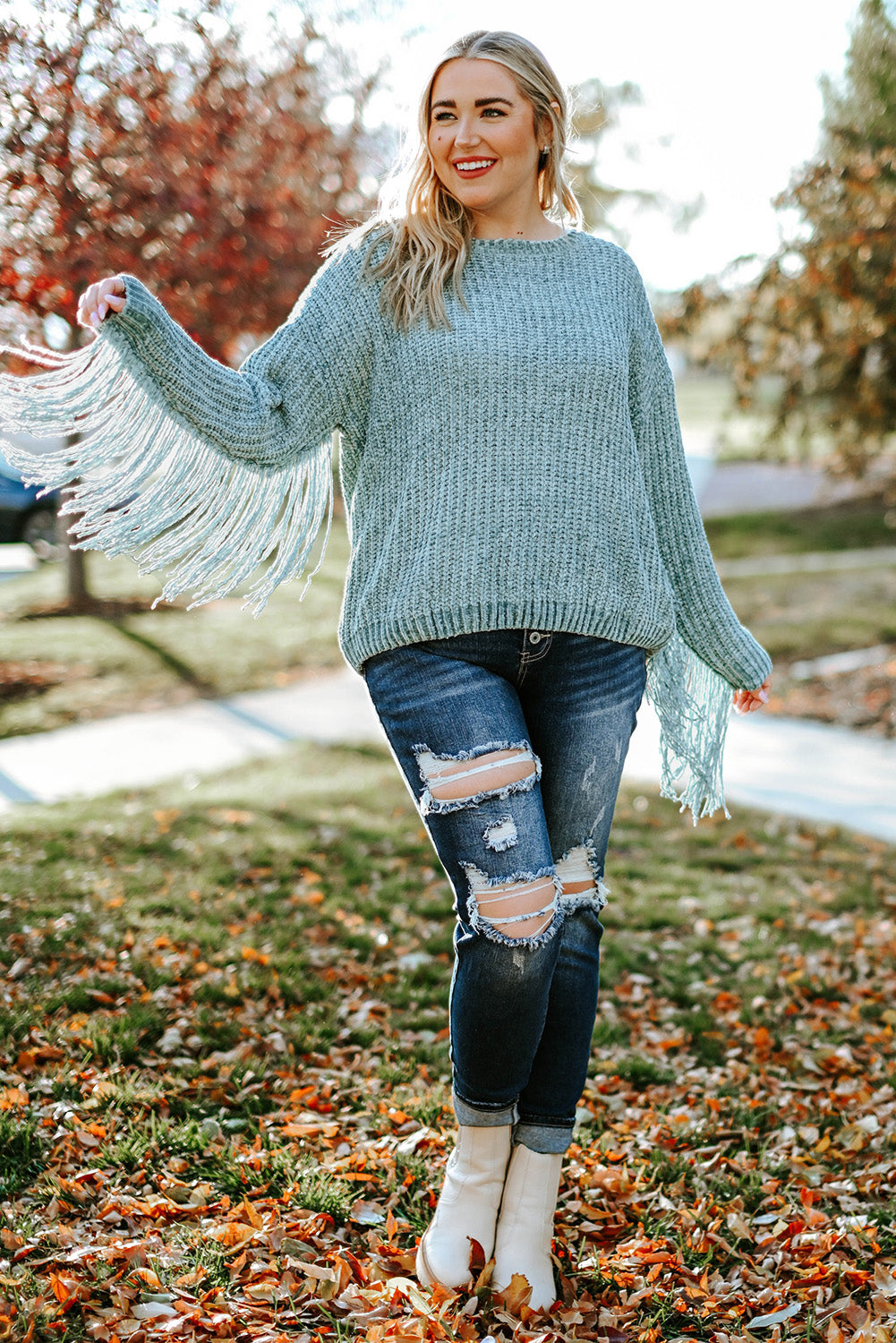 Gray Plus Size Fringed Long Sleeve Knit Sweater-4