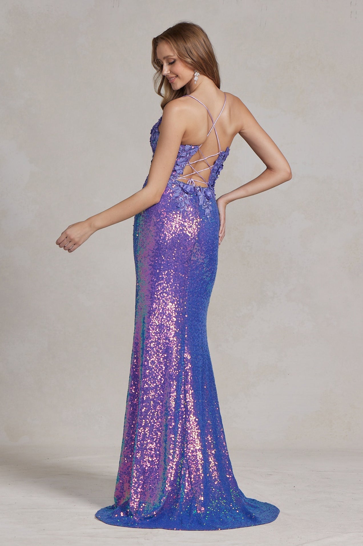 Side Slit Embroidered Applique Illusion V-Neck Long Evening Dress NXR1207-1