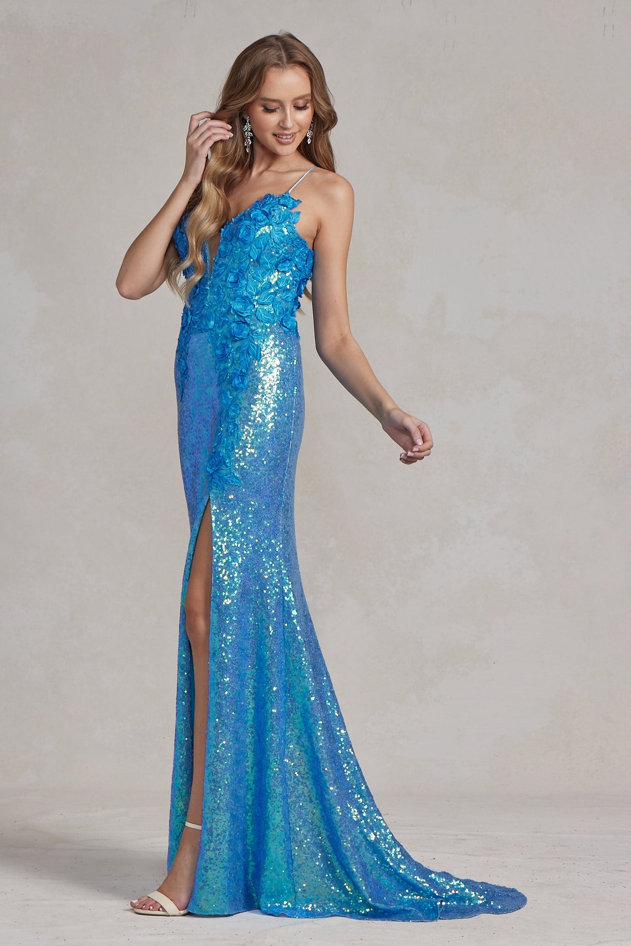 Side Slit Embroidered Applique Illusion V-Neck Long Evening Dress NXR1207-3