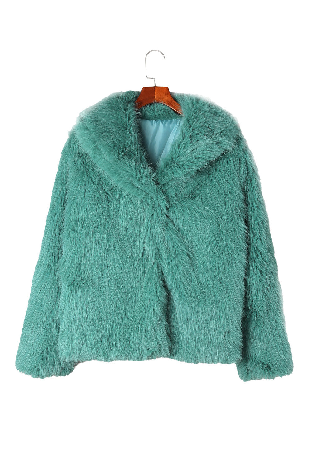 Green Collared Side Pockets Winter Fuzzy Coat-8