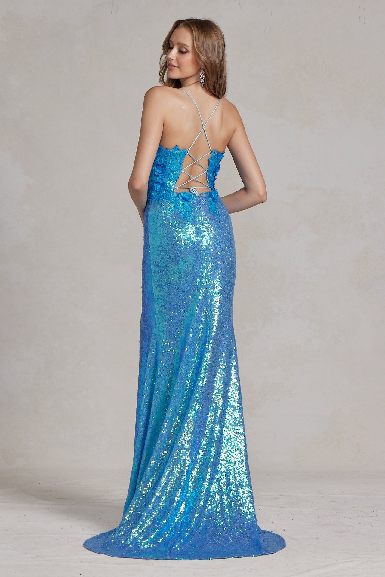 Side Slit Embroidered Applique Illusion V-Neck Long Evening Dress NXR1207-4