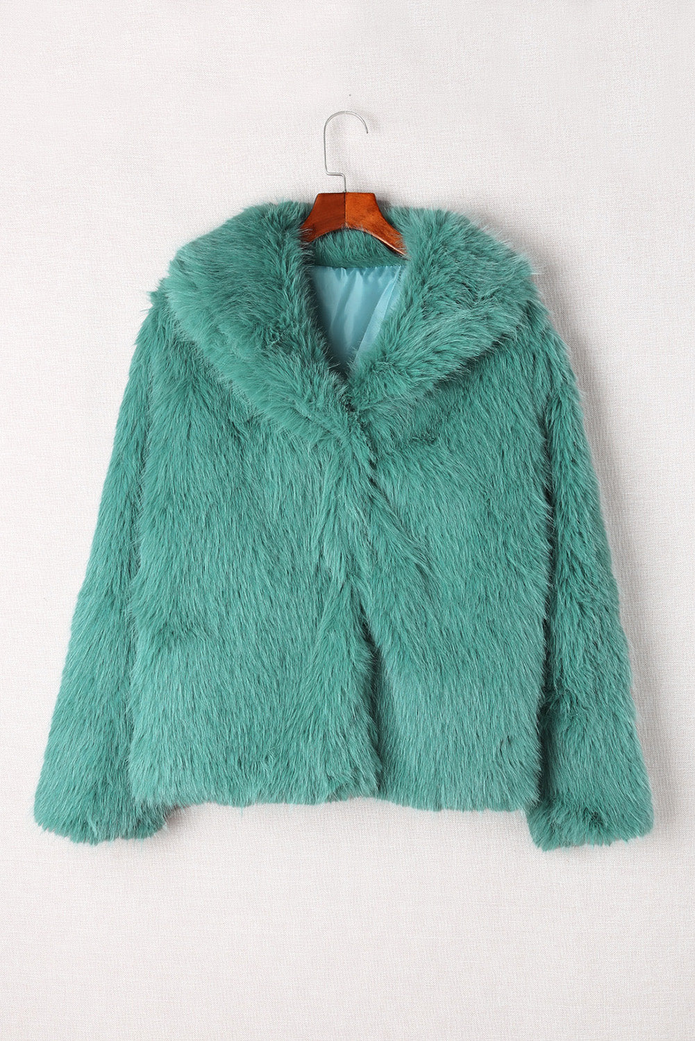 Green Collared Side Pockets Winter Fuzzy Coat-6