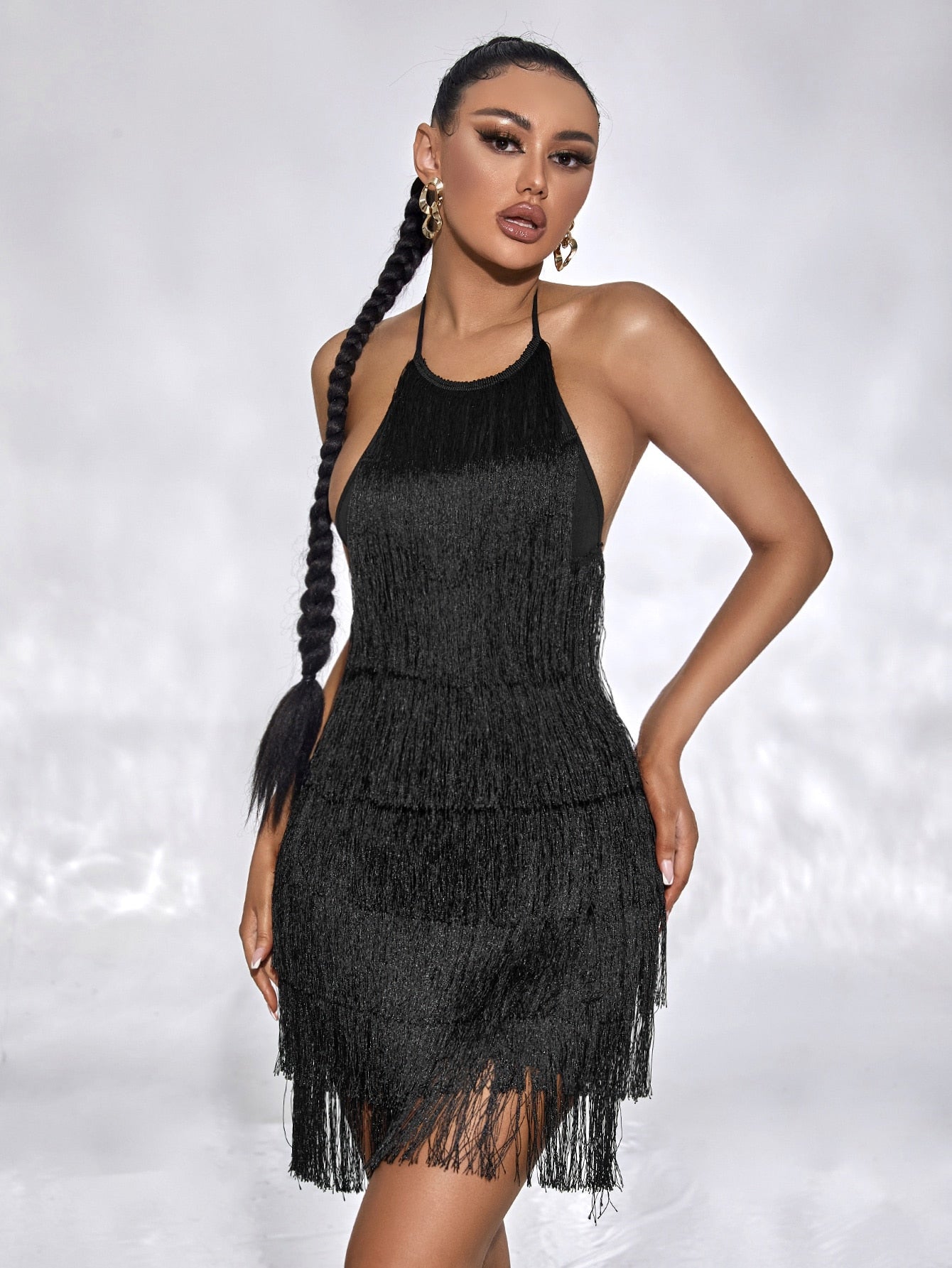 SXY Layered Fringe Trim Tie Backless Halter Dress