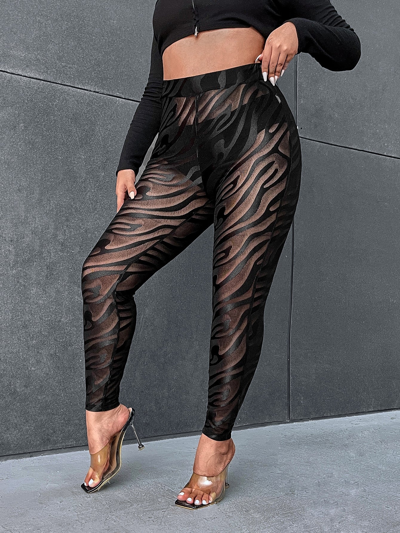 SXY Plus Zebra Striped Mesh Leggings Without Panty