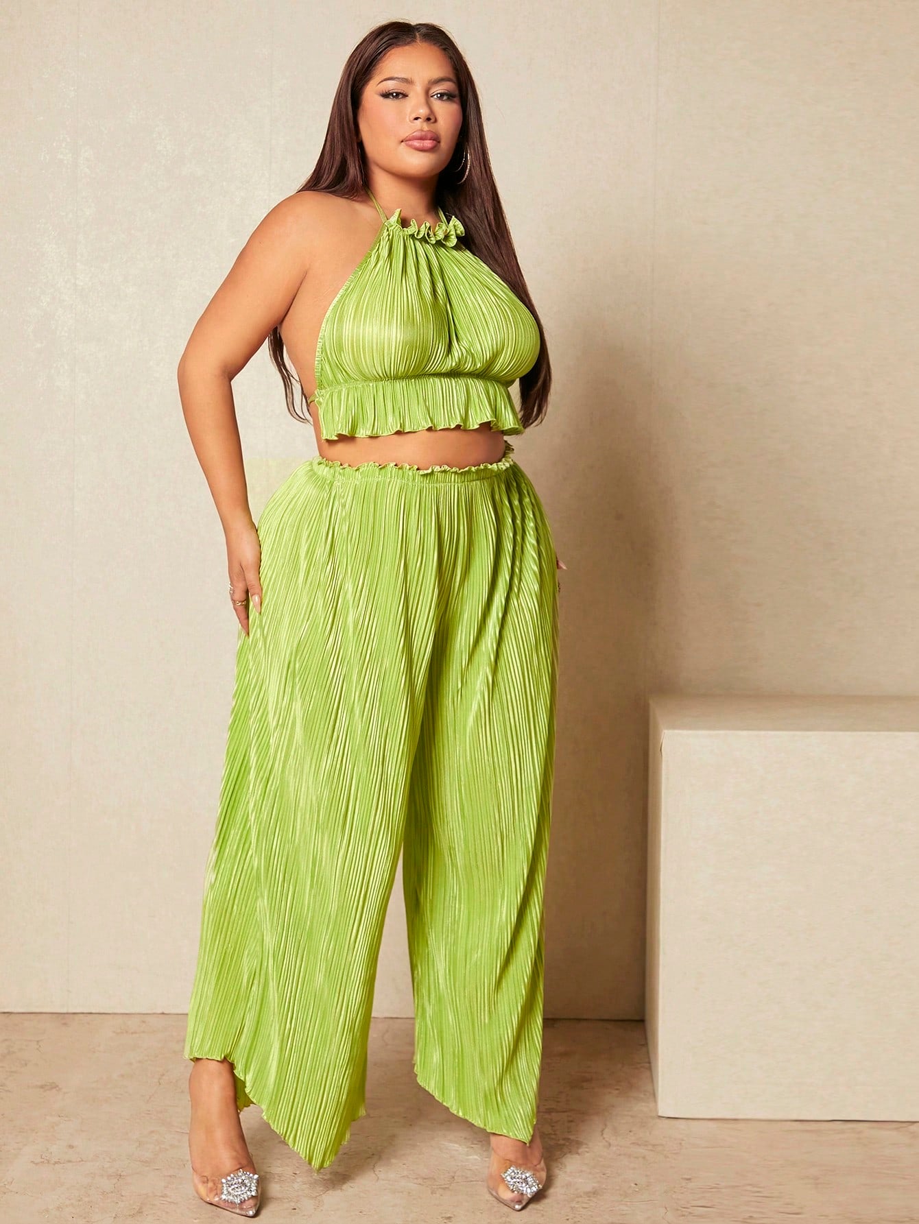 SXY Plus Frill Trim Halter Top Wide Leg Pants