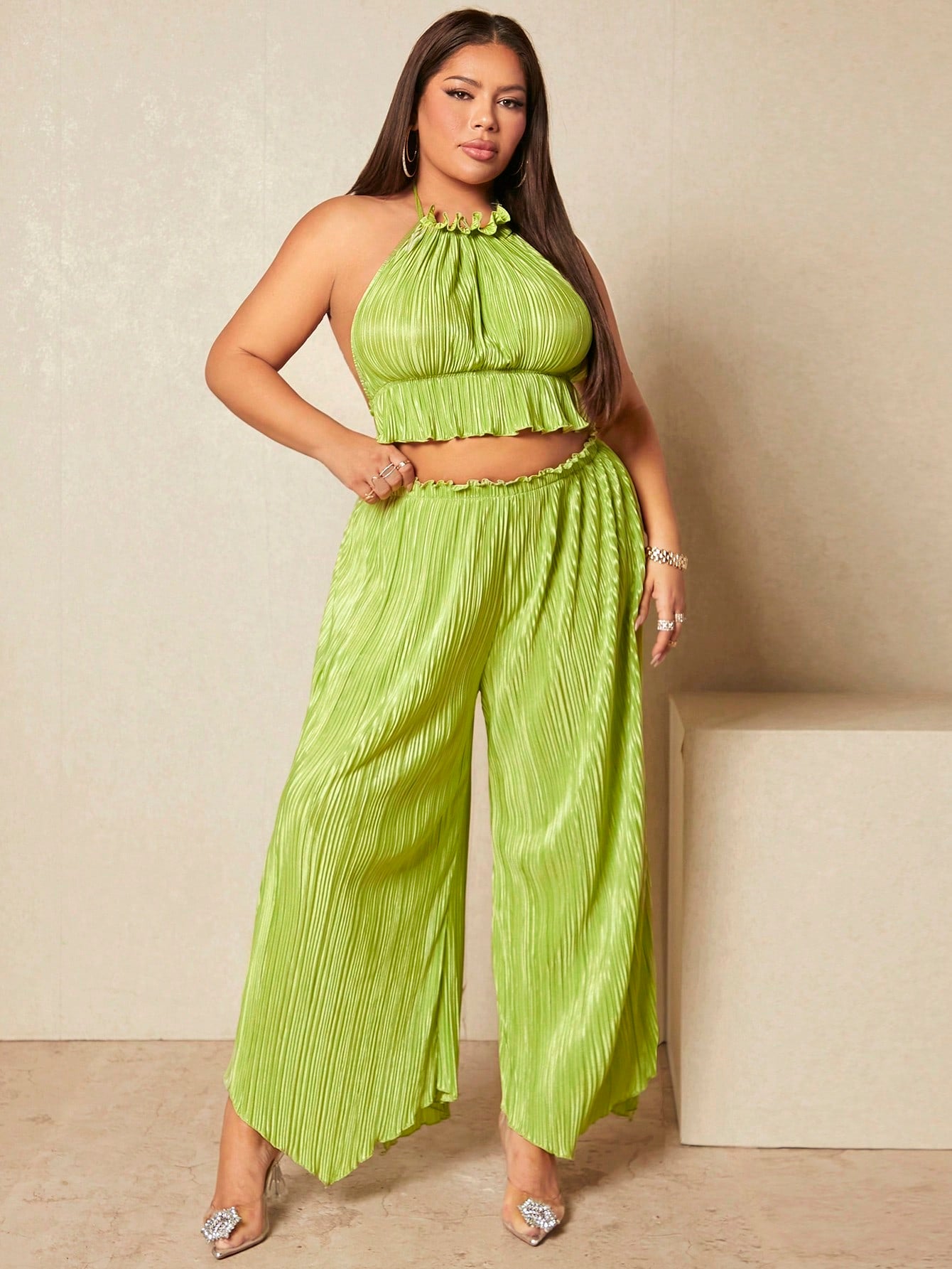 SXY Plus Frill Trim Halter Top Wide Leg Pants