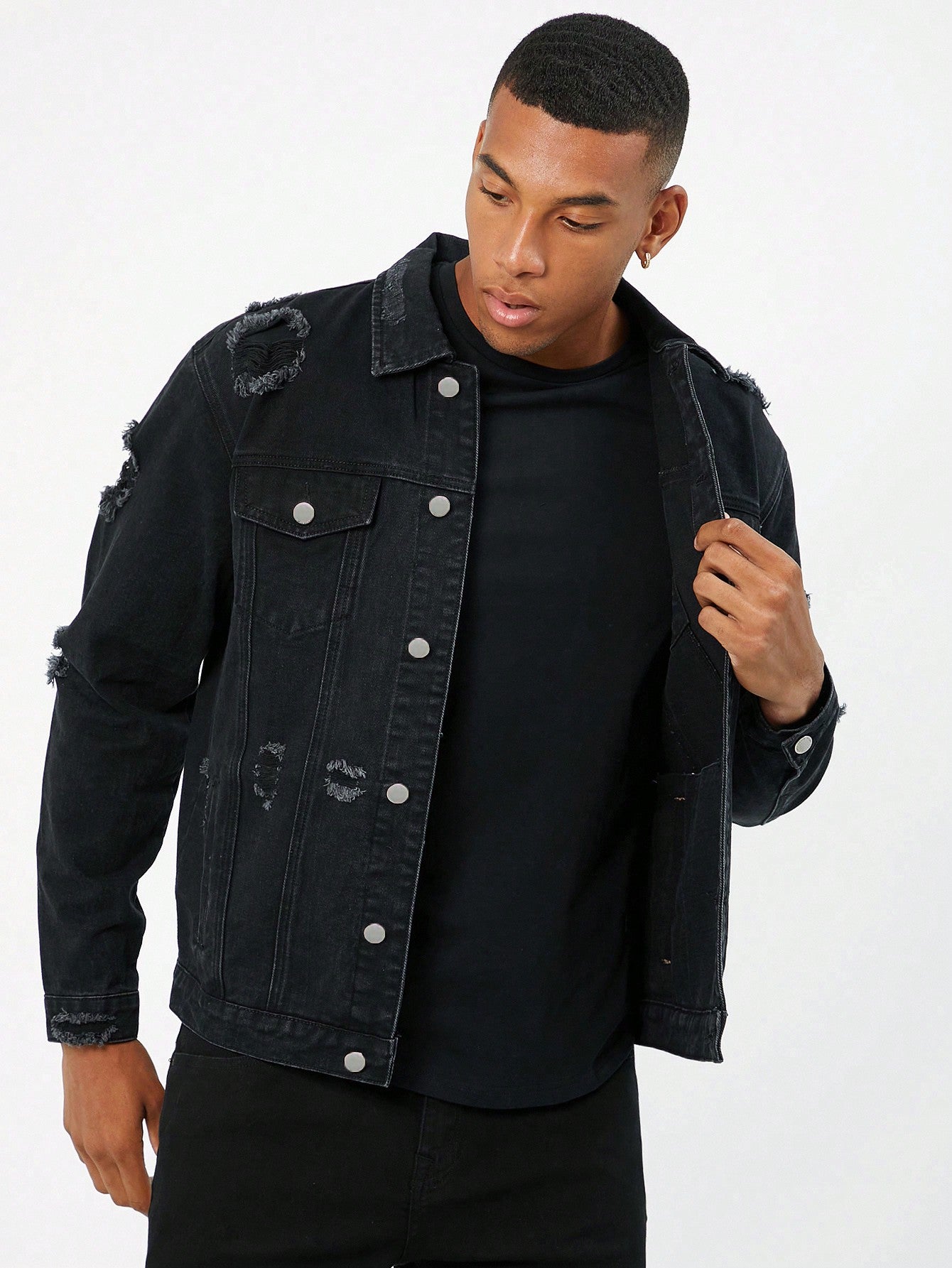 Manfinity EMRG Men Cotton Ripped Flap Detail Denim Jacket