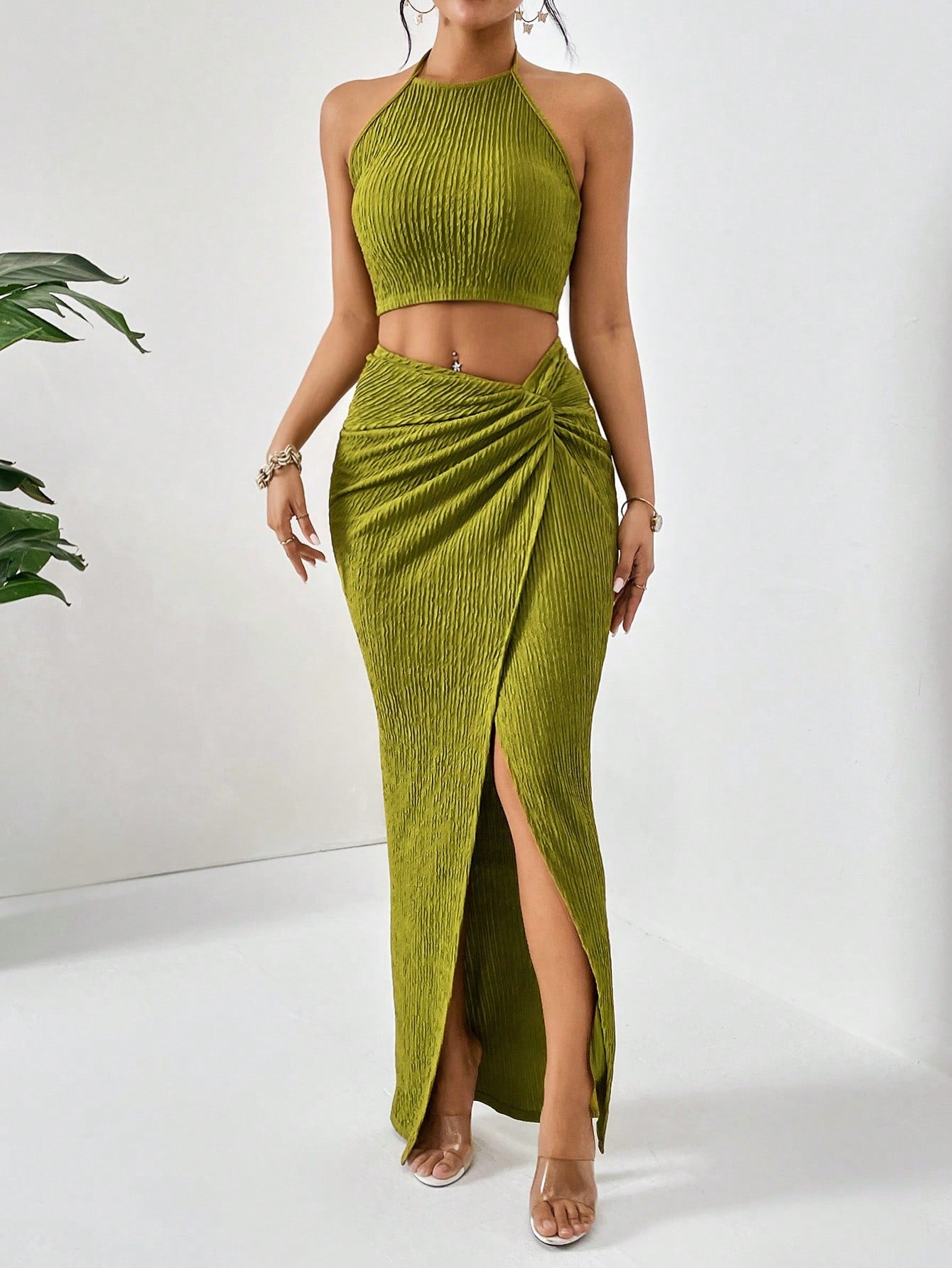 Privé Solid Crop Halter Top & Twist Front Split Thigh Skirt