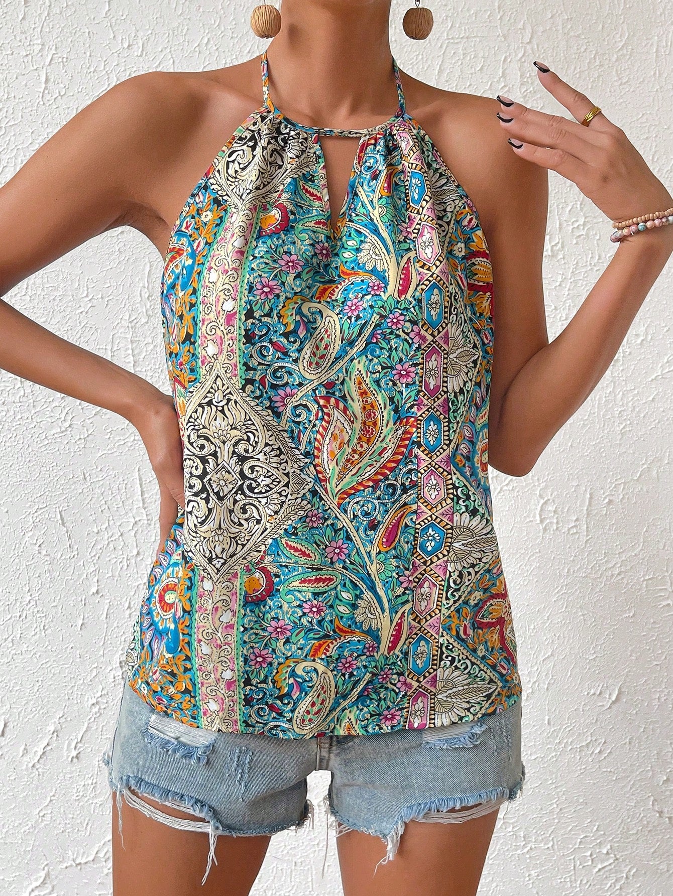 VCAY Paisley Print Keyhole Neckline Halter Blouse