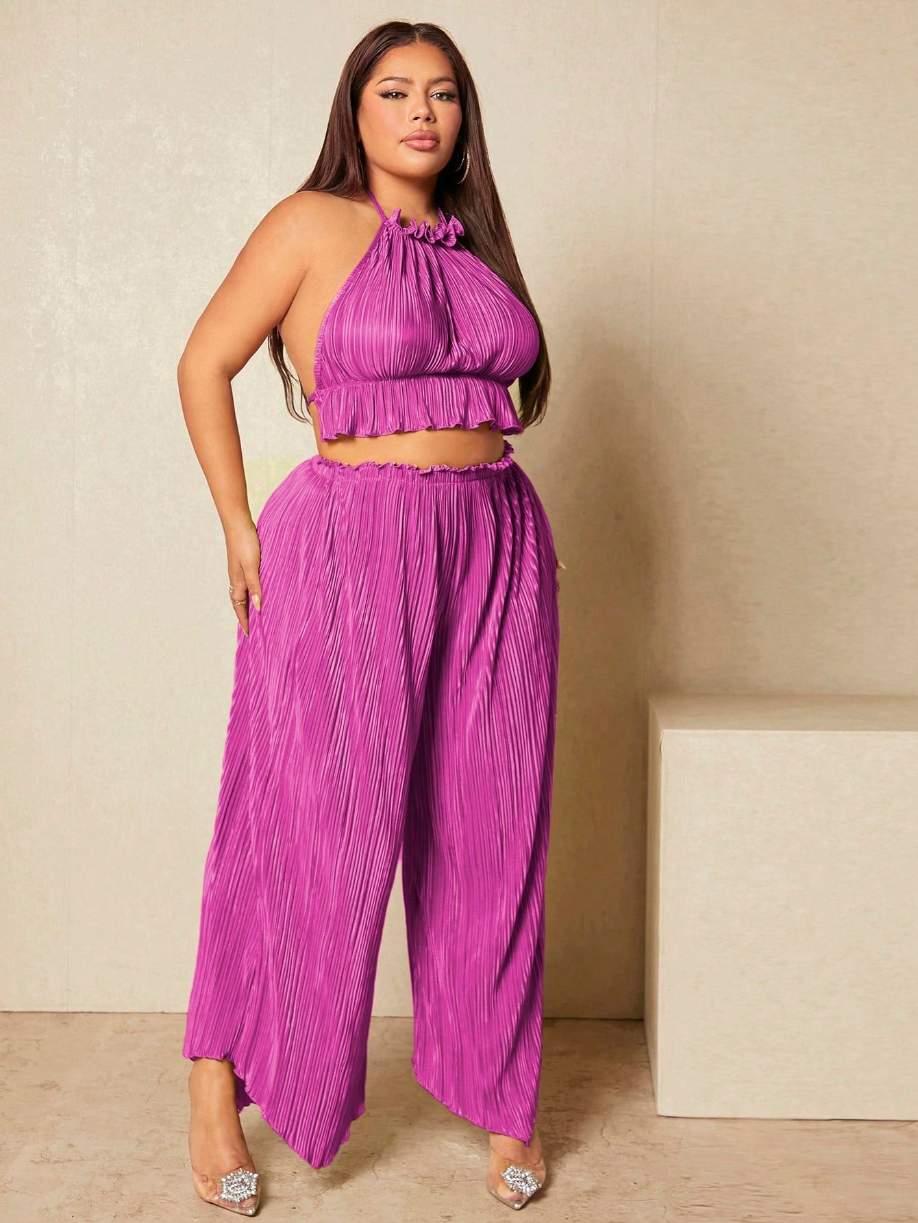 SXY Plus Frill Trim Halter Top Wide Leg Pants