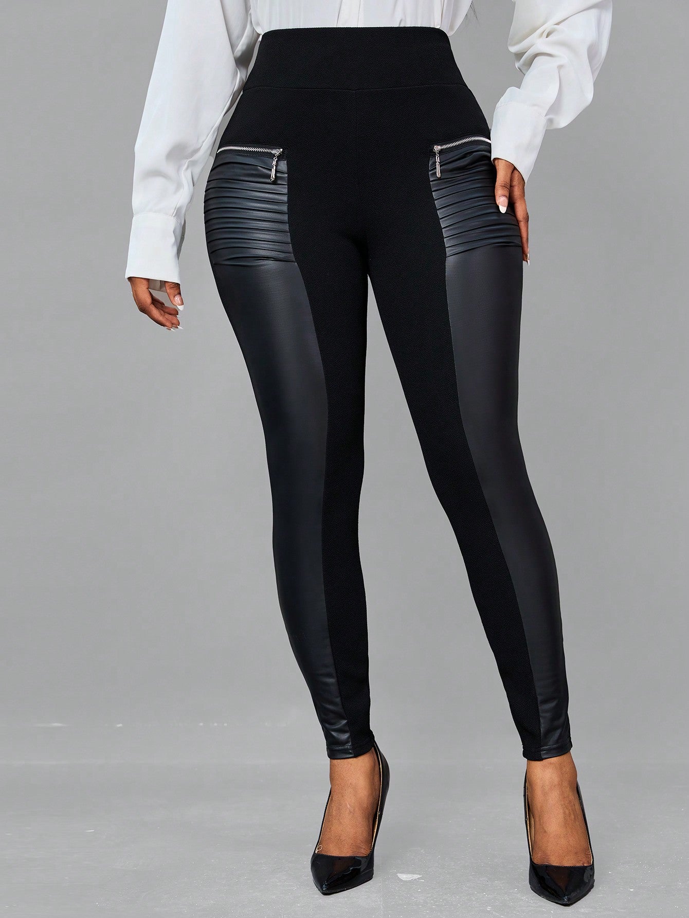 Lady Zip Detail Wideband Waist PU Leather Leggings